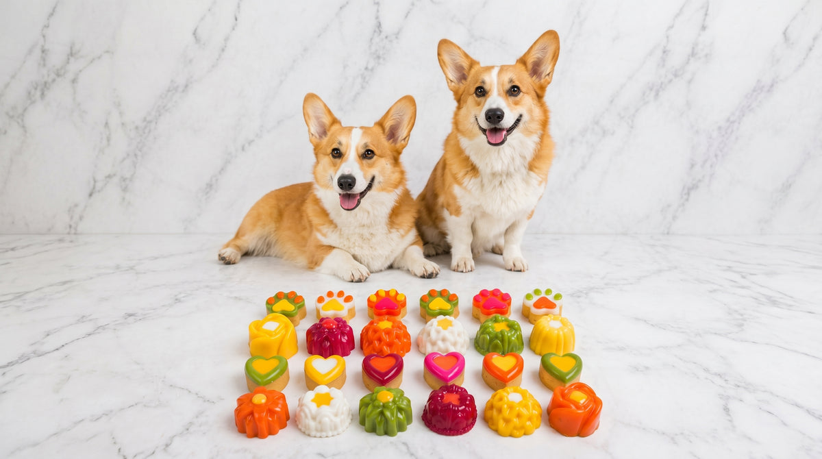 Two adorable corgis posing in front of a colorful display of MISHKA luxury artisan dog treats on a white marble background