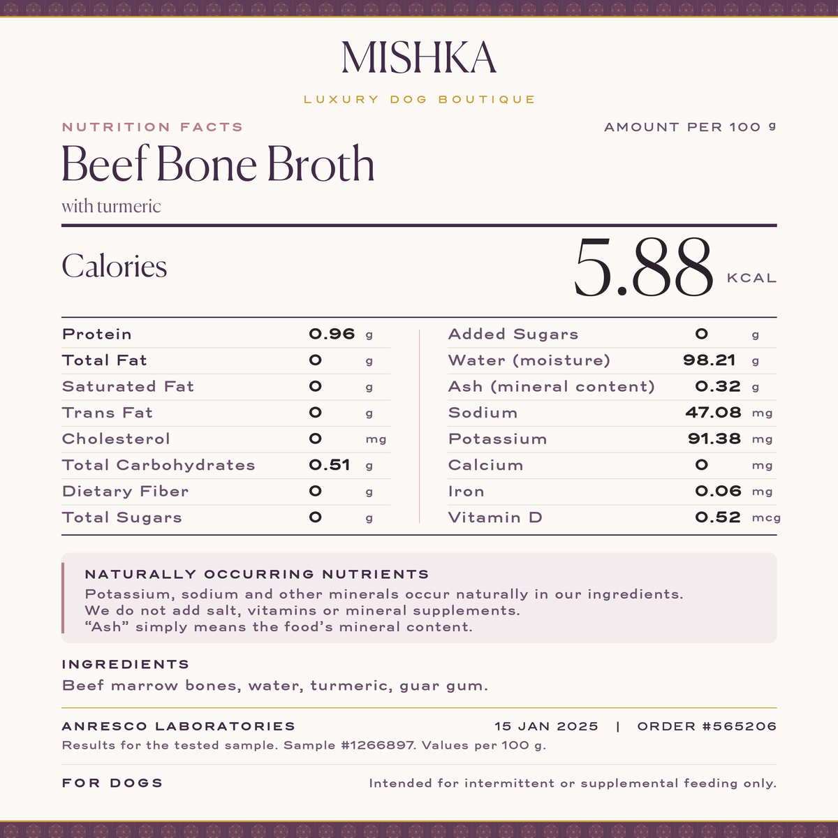 Nutrition Facts for MISHKA Beef Bone Broth